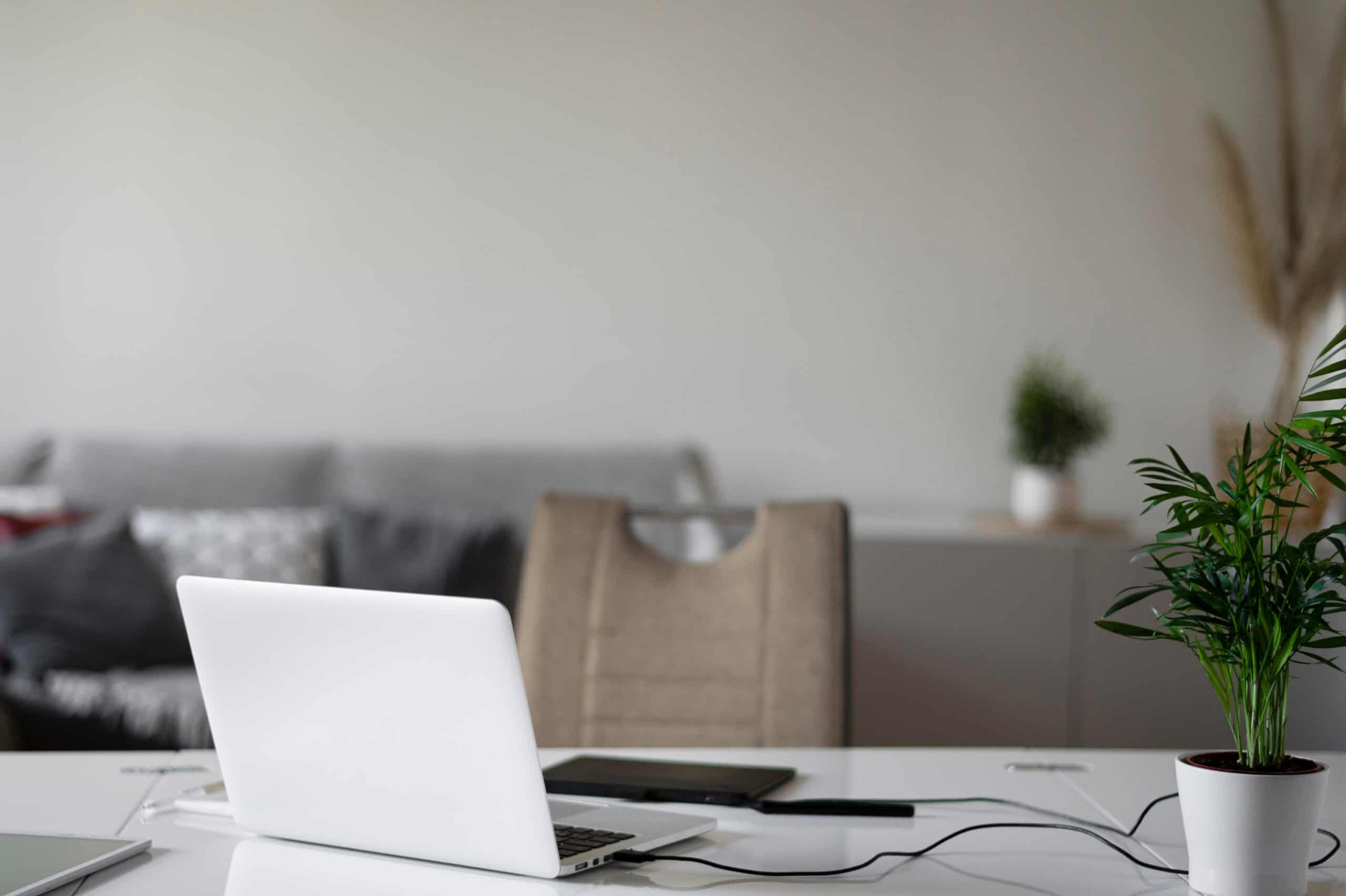 A laptop is sitting at the table with a plant beside it.